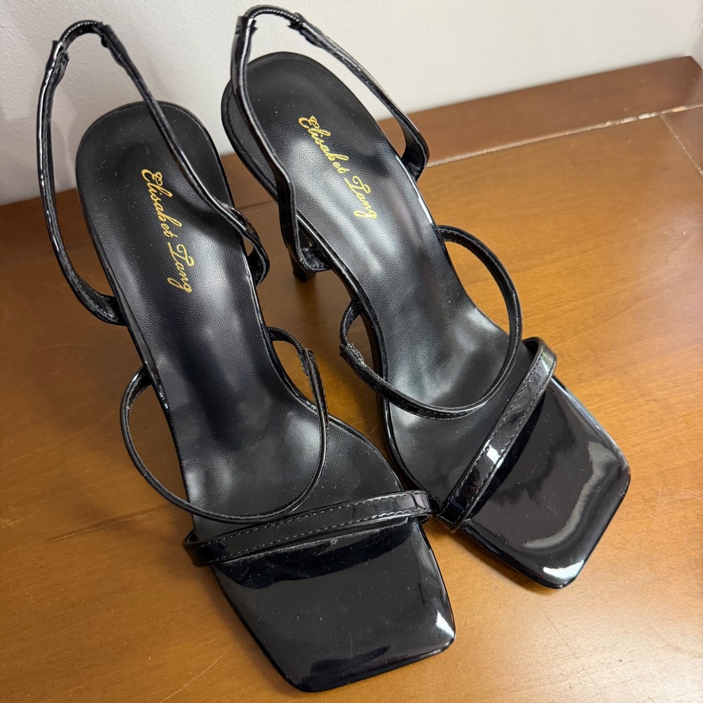 Elisabet Tang Black Patent Strappy Square Toe Stiletto Slingback Heels Size 8